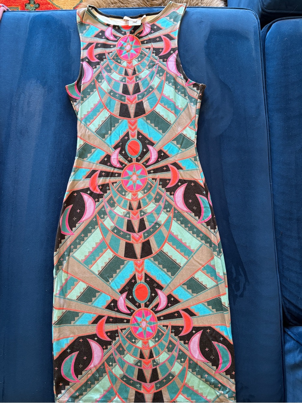 Mara Hoffman Teal, Pink and Coral Geometric Astrology Moon Midi Dress